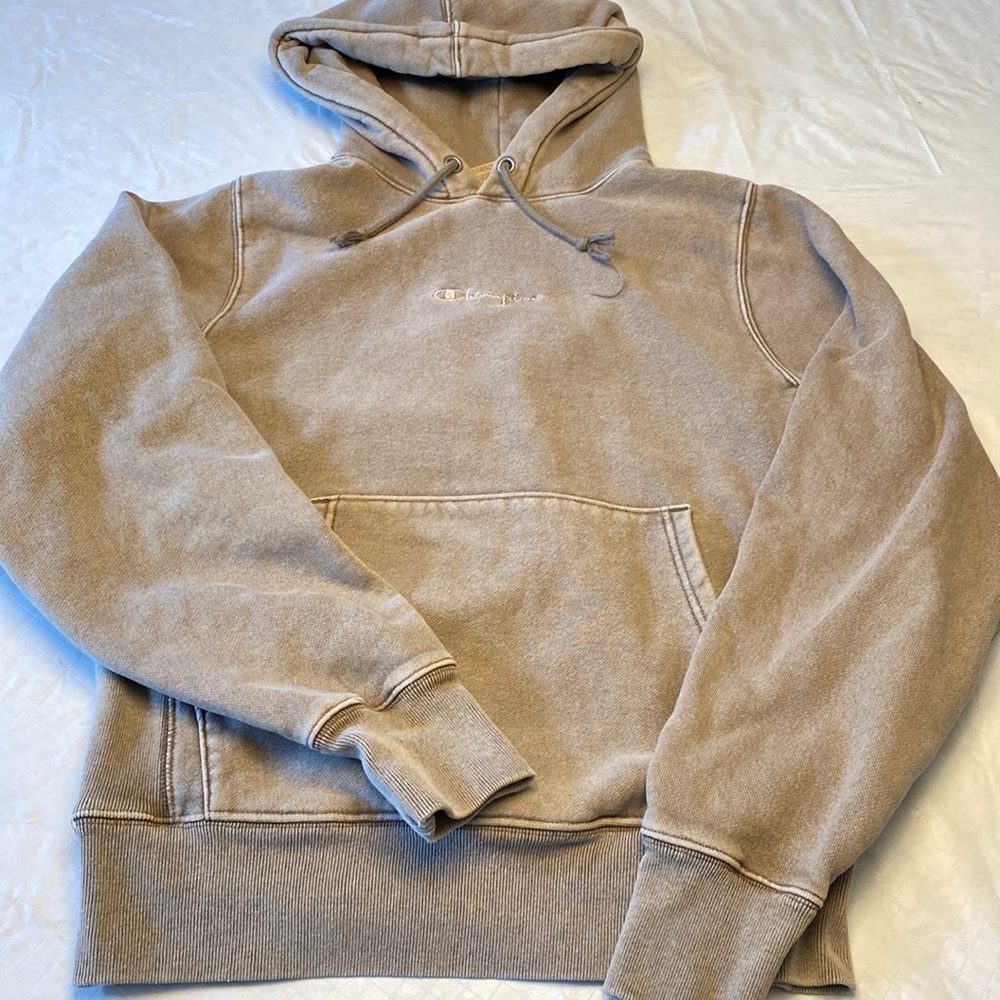 Champion Reverse Weave Hooded Sweatshirt Tan/Green Color Hand Pouch SZ S